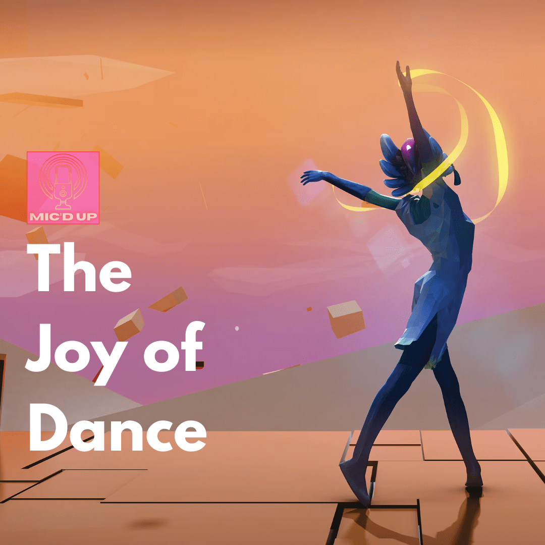 a marble floor in a sunset overlooking an abstract landscape. On the right is a figure ballet dancing, on the right the text read 'the joy of the dance' with a microphone logo above it