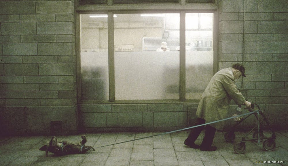A man of pensionable age using a guiding walker as they walk down a dimly lit street. In the middle of the image is a bright shop window looking into a cafe kitchen. The man is wearing pale overalls and pull a leash with a dead dog on it.