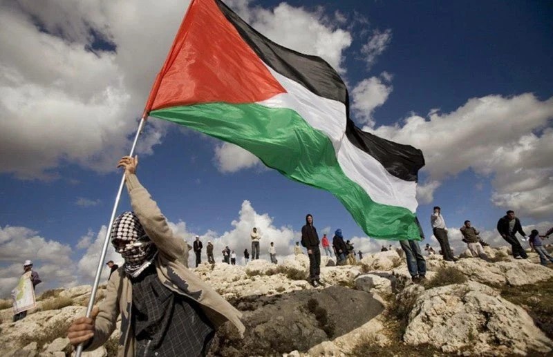 A man wearing a keffiyeh or Palestinian headscarf walks down a sandy hill in Palestine, waving a Palestinian flag with other people standing in the background.