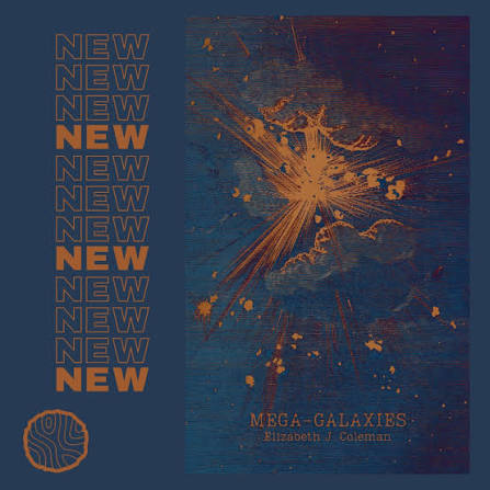 A black background with gold and yellow swirls that look like a constellation in space. To the left of the image, the word 'new' is written several times descending in a column with alternating colours. The Driftwood Press symbol is in the bottom lefthand corner.