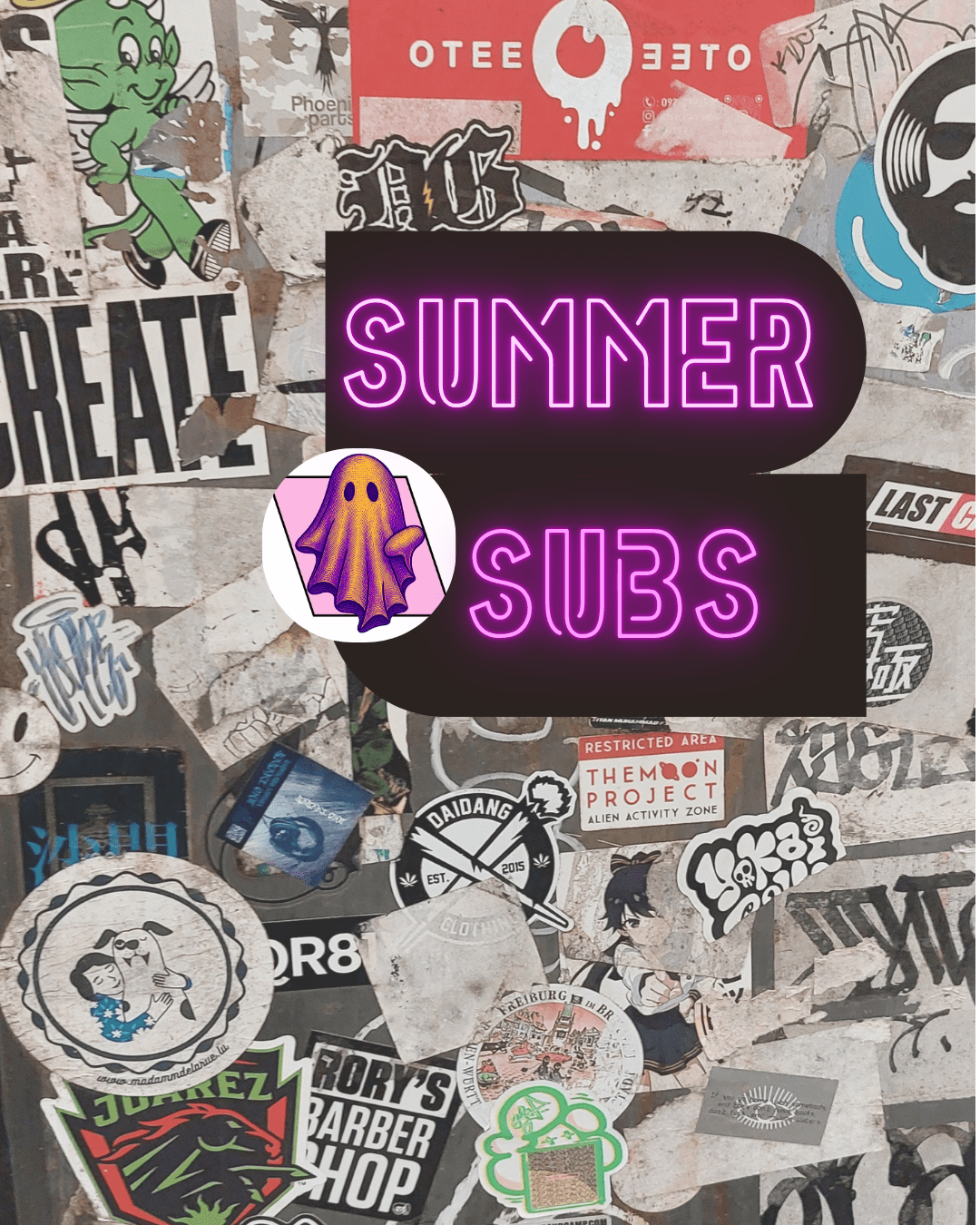 There is a wall of graffiti and stickers from various different bands and companies as the background. On top of this image is a black s shape, inside of which is written 'summer subs' in pink neon writing. The St Ghosty Creatives logo is to the left hand side of this text,